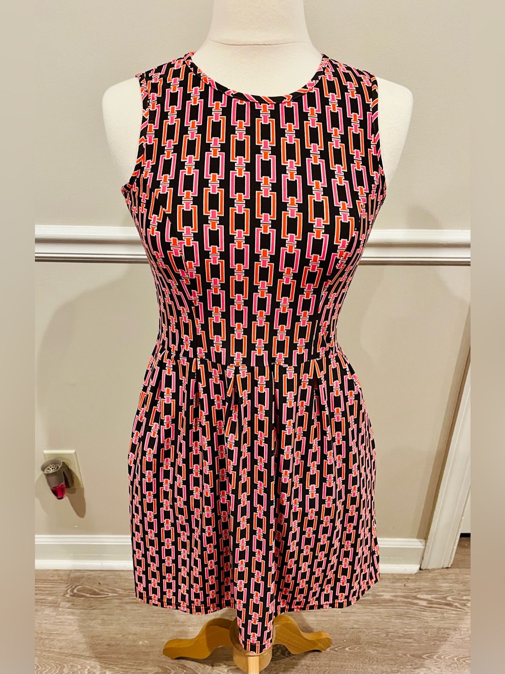 Jude Connally Black Dress with Pink and Orange Geometric Print